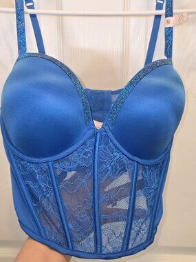 Victoria’s Secret 32D Blue Lace Bustier Corset Push Up Rhinestone Straps NWT